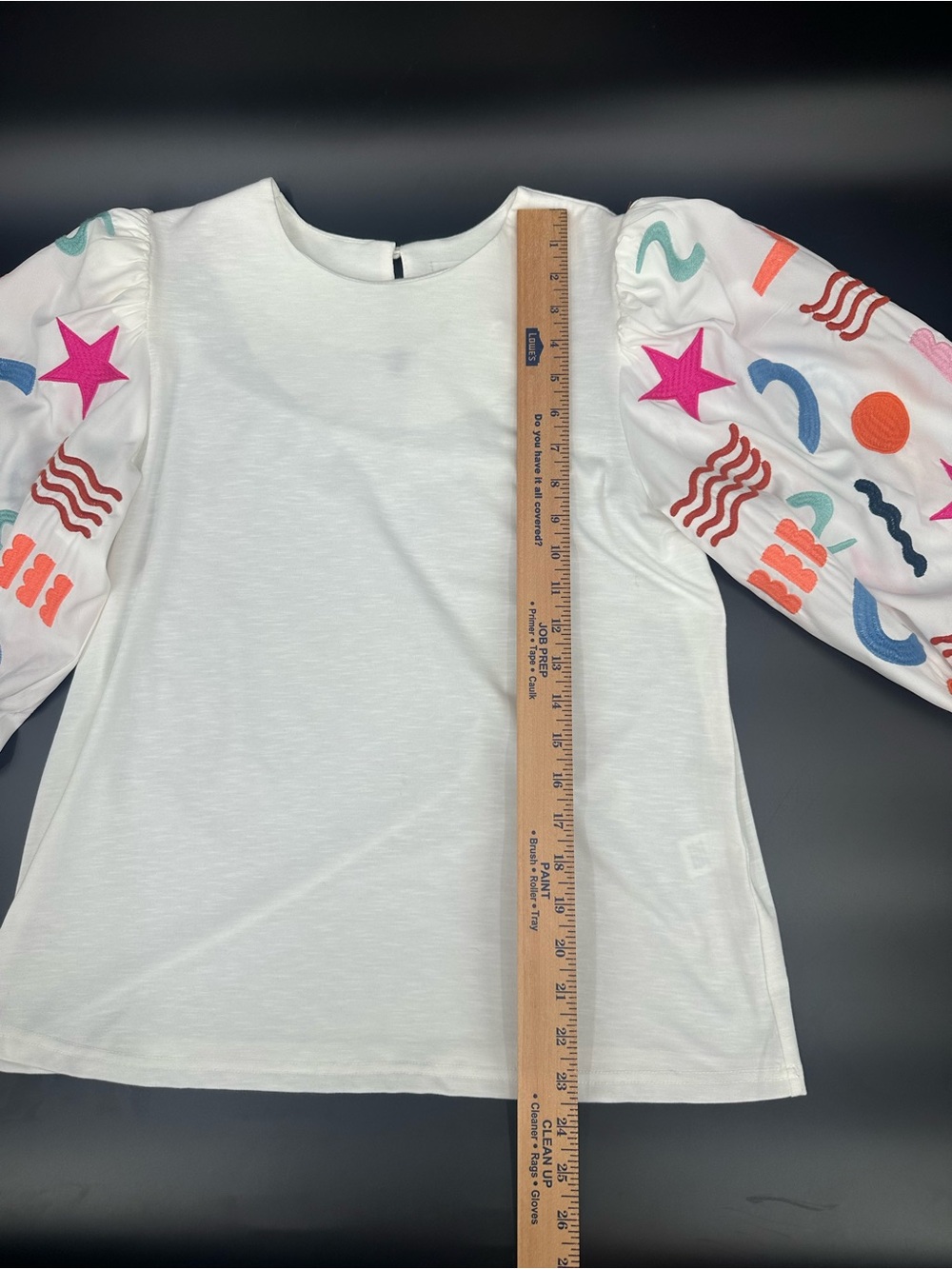 THML Embroidered Puff Sleeve Top Large White Colorful Statement Sleeve Knit 1314 - Picture 5 of 10